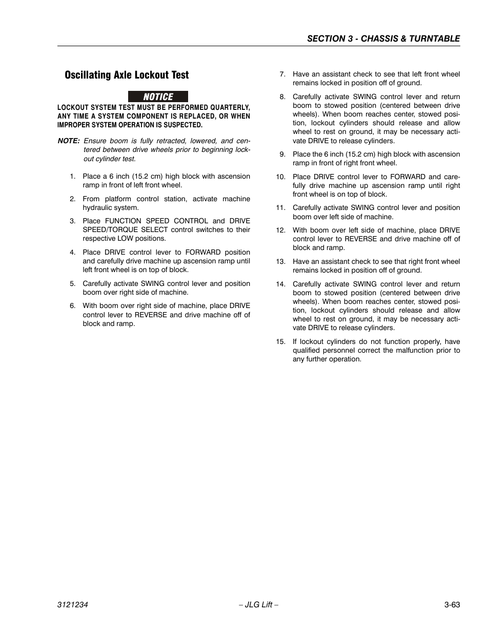 Oscillating axle lockout test, Oscillating axle lockout test -63 | JLG 680S Service Manual User Manual | Page 111 / 332