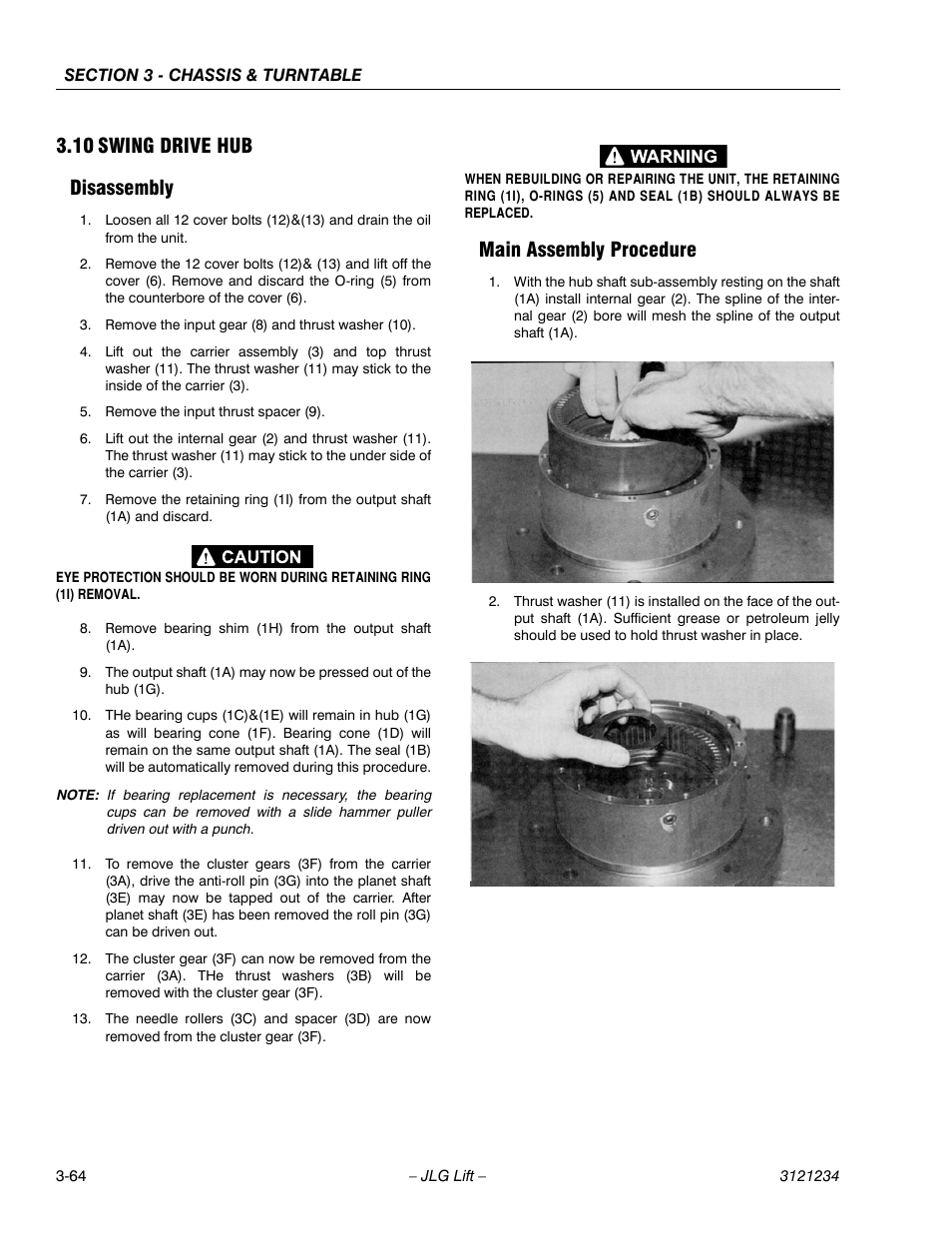10 swing drive hub, Disassembly, Main assembly procedure | Swing drive hub -64, Disassembly -64 main assembly procedure -64, 10 swing drive hub disassembly | JLG 680S Service Manual User Manual | Page 112 / 332