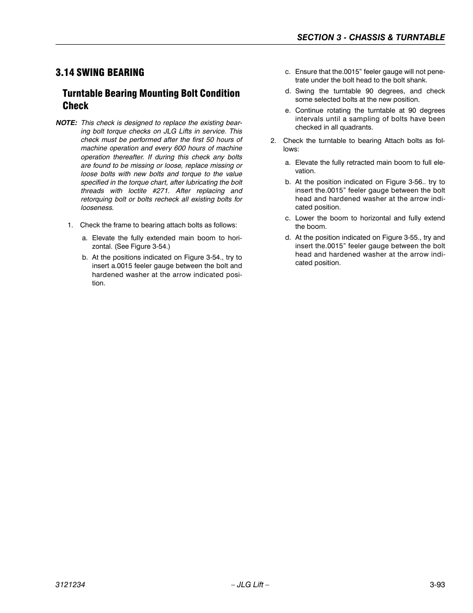 14 swing bearing, Turntable bearing mounting bolt condition check, Swing bearing -93 | JLG 680S Service Manual User Manual | Page 141 / 332