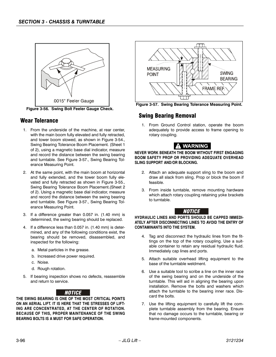 Wear tolerance, Swing bearing removal, Wear tolerance -96 swing bearing removal -96 | Swing bolt feeler gauge check -96, Swing bearing tolerance measuring point -96, On figure 3-56.. try to | JLG 680S Service Manual User Manual | Page 144 / 332
