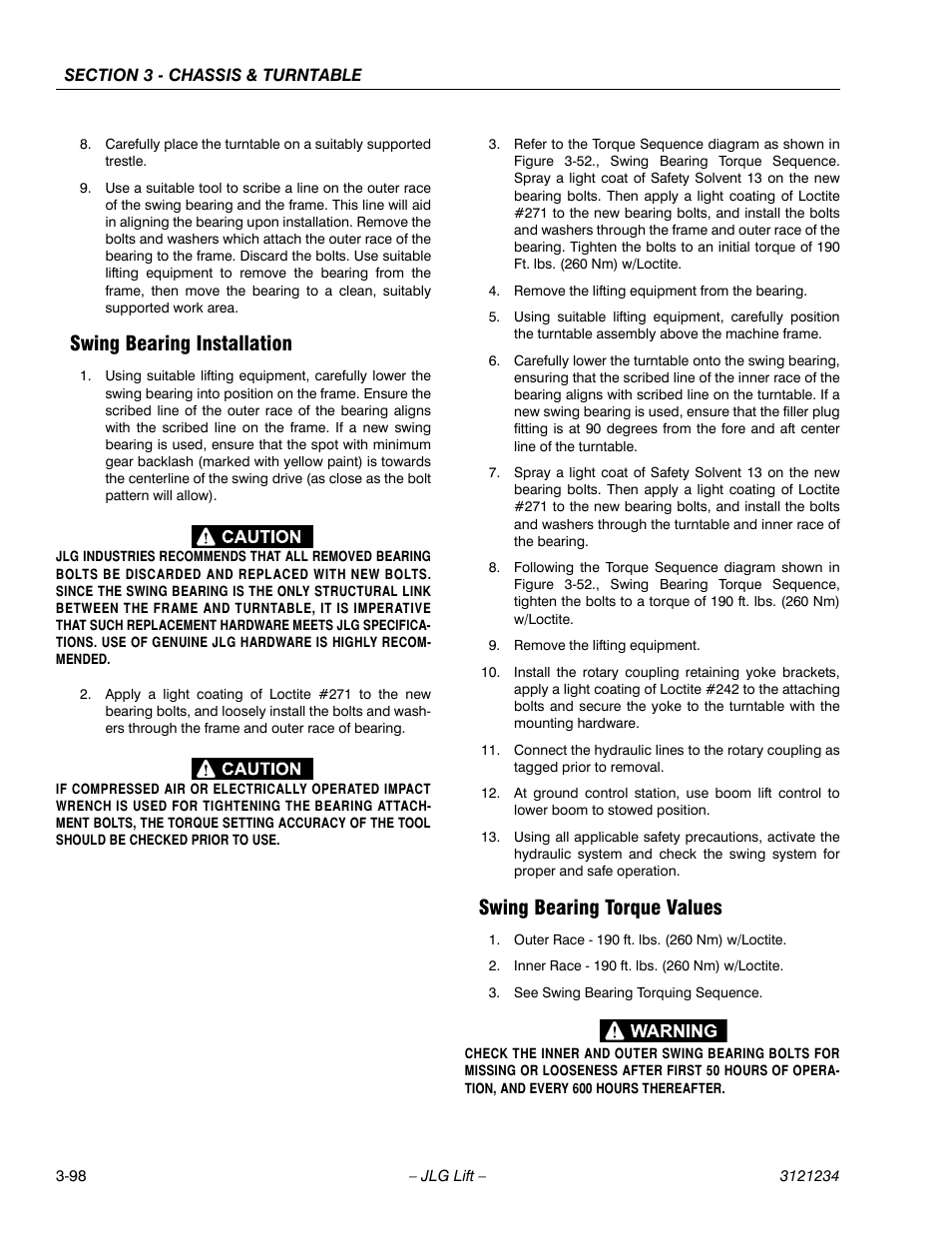 Swing bearing installation, Swing bearing torque values | JLG 680S Service Manual User Manual | Page 146 / 332