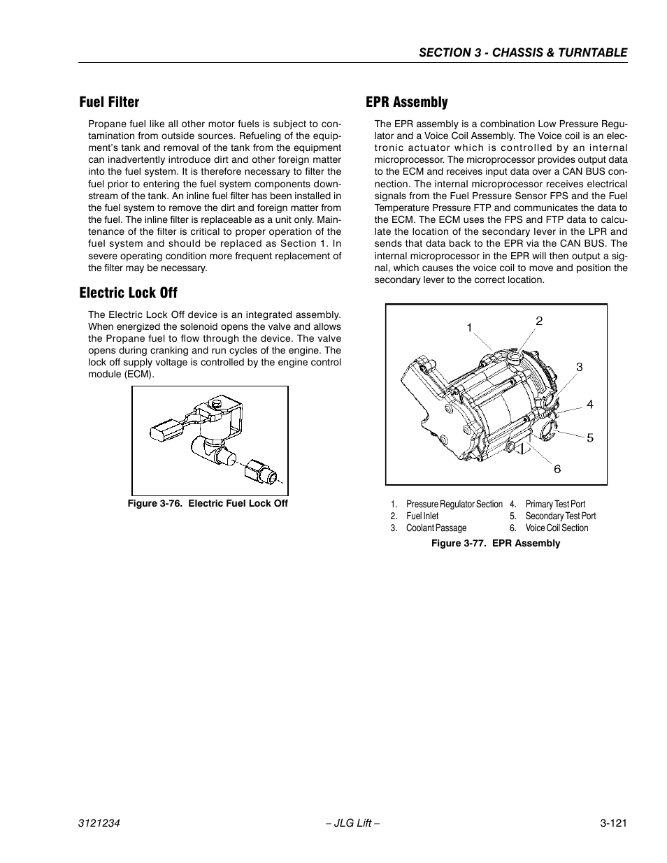 Fuel filter, Electric lock off, Epr assembly | Electric fuel lock off -121, Epr assembly -121 | JLG 680S Service Manual User Manual | Page 169 / 332