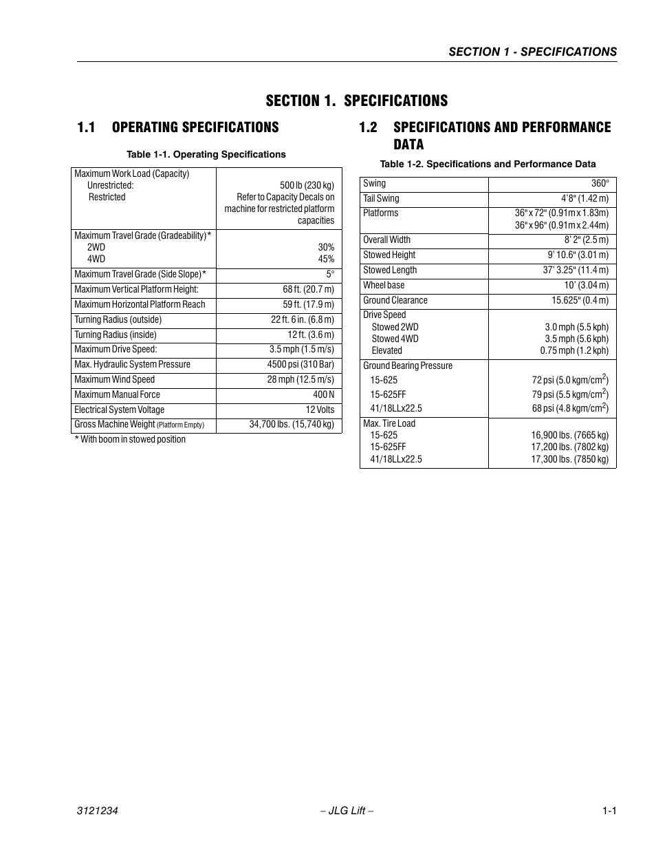 Section 1. specifications, 1 operating specifications, 2 specifications and performance data | Section 1 - specifications, Operating specifications -1, Specifications and performance data -1 | JLG 680S Service Manual User Manual | Page 17 / 332