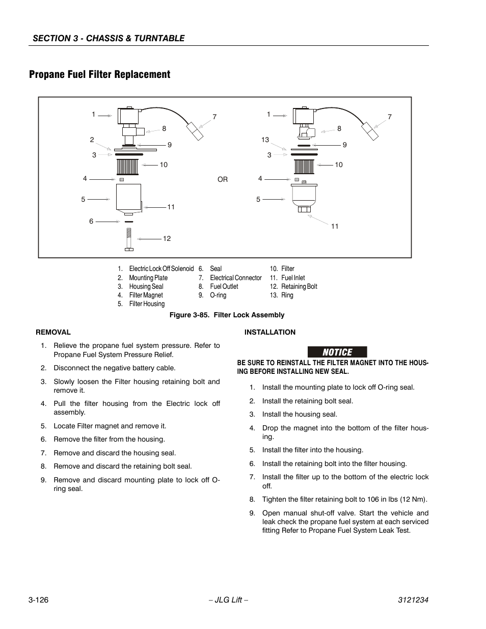 Propane fuel filter replacement, Propane fuel filter replacement -126, Filter lock assembly -126 | JLG 680S Service Manual User Manual | Page 174 / 332