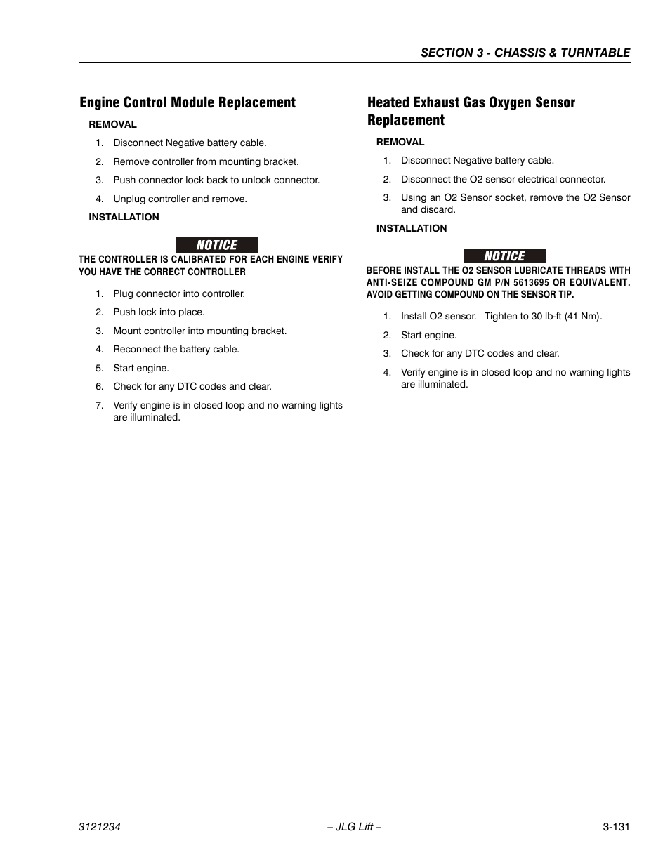 Engine control module replacement, Heated exhaust gas oxygen sensor replacement | JLG 680S Service Manual User Manual | Page 179 / 332