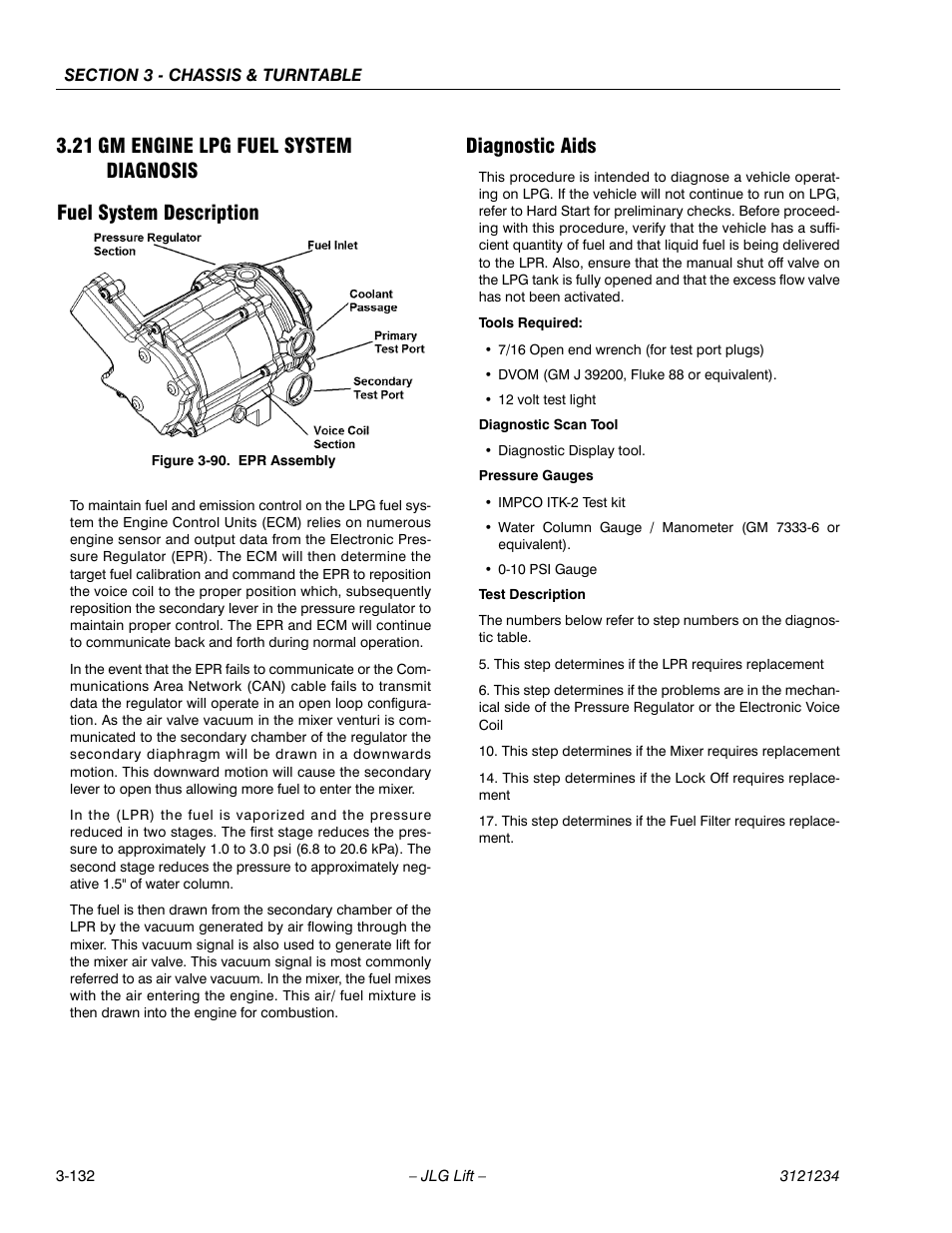 21 gm engine lpg fuel system diagnosis, Fuel system description, Diagnostic aids | Gm engine lpg fuel system diagnosis -132, Fuel system description -132 diagnostic aids -132, Epr assembly -132 | JLG 680S Service Manual User Manual | Page 180 / 332