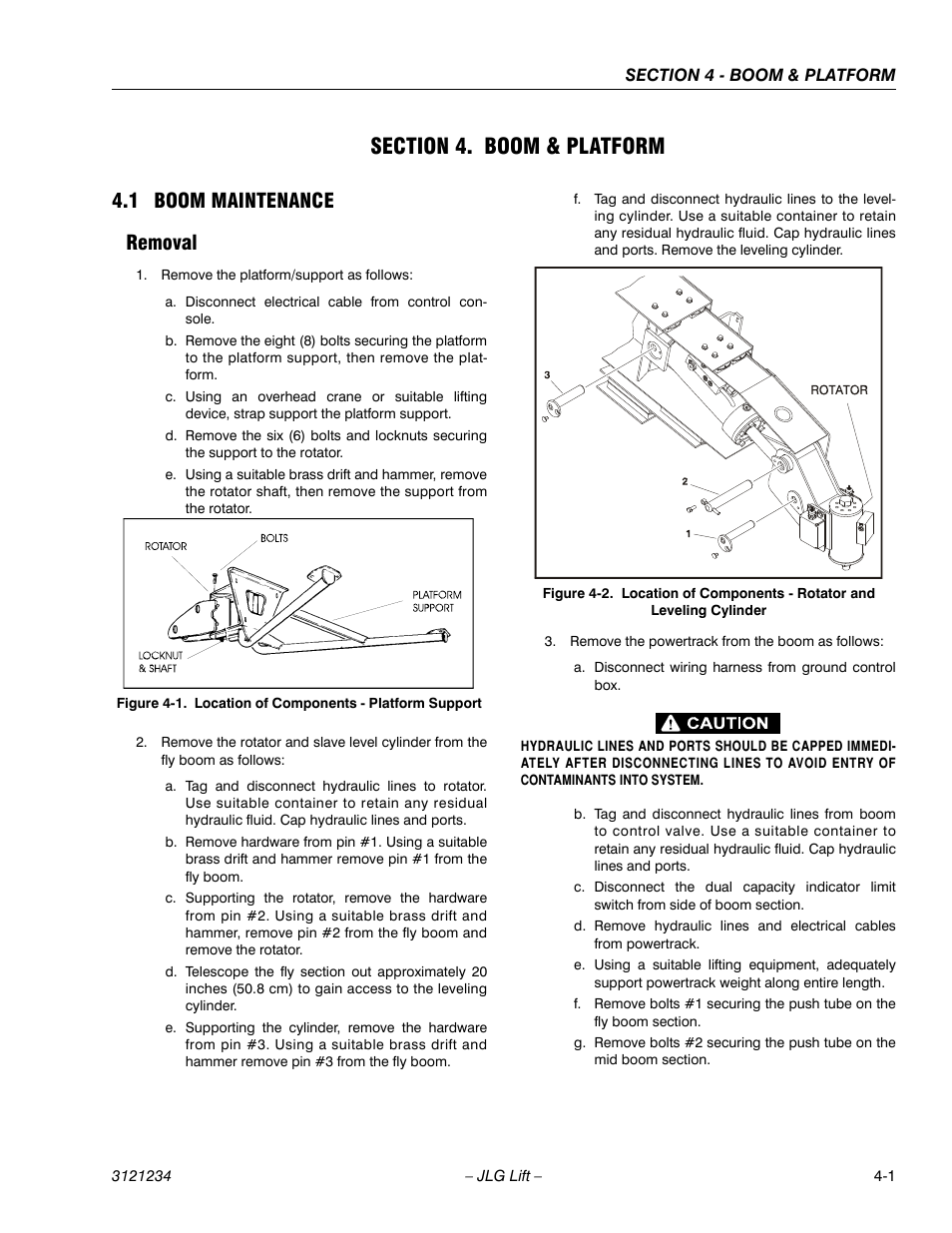 Section 4. boom & platform, 1 boom maintenance, Removal | Section 4 - boom & platform, Boom maintenance -1, Removal -1, Location of components - platform support -1, 1 boom maintenance removal | JLG 680S Service Manual User Manual | Page 195 / 332