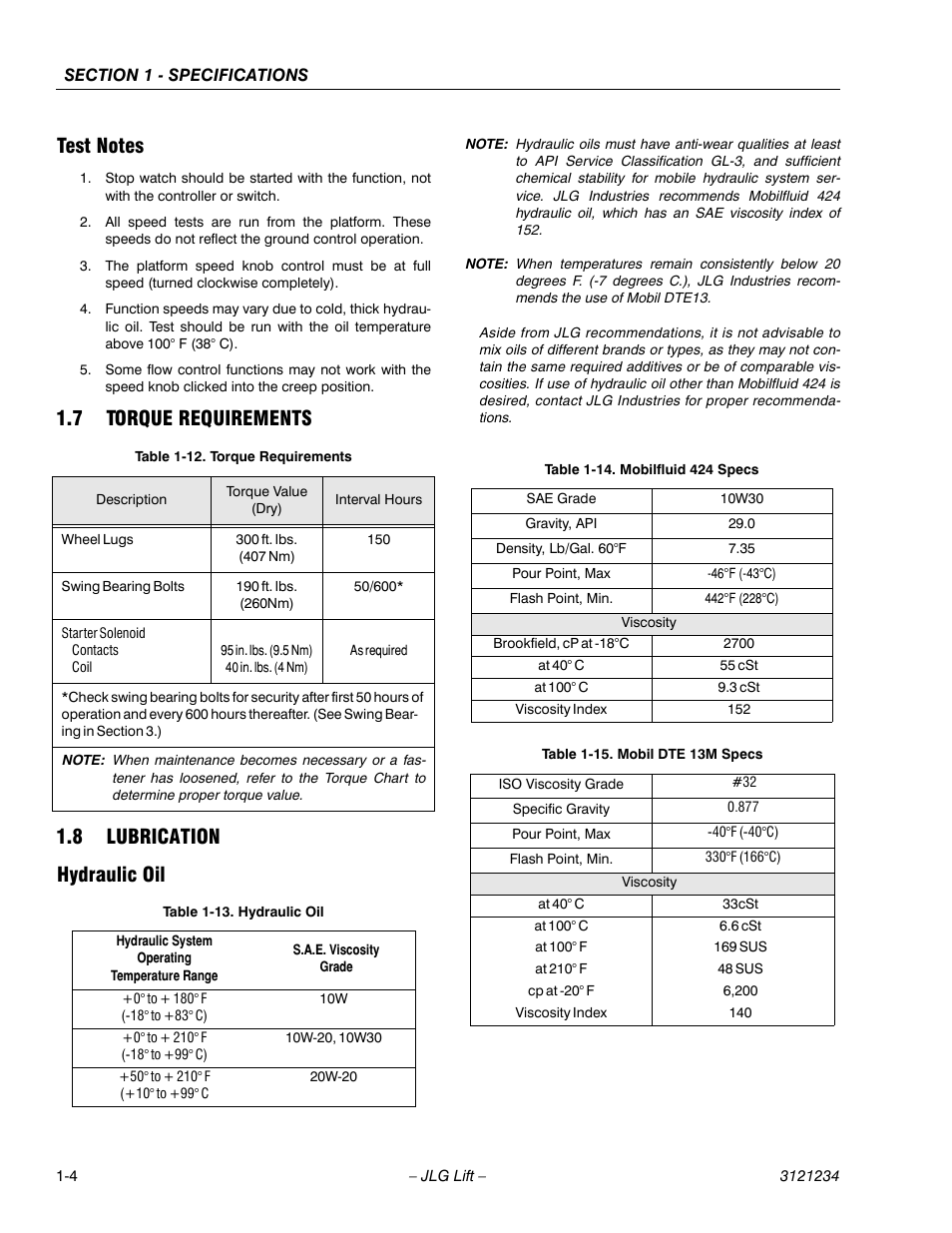 Test notes, 7 torque requirements, 8 lubrication | Hydraulic oil, Test notes -4, Torque requirements -4, Lubrication -4, Hydraulic oil -4, Mobilfluid 424 specs -4, Mobil dte 13m specs -4 | JLG 680S Service Manual User Manual | Page 20 / 332