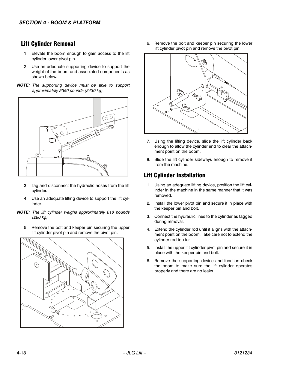Lift cylinder removal, Lift cylinder installation | JLG 680S Service Manual User Manual | Page 212 / 332