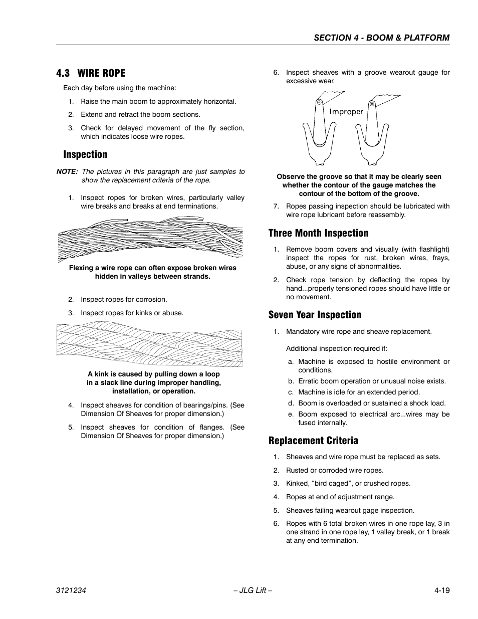 3 wire rope, Inspection, Three month inspection | Seven year inspection, Replacement criteria, Wire rope -19 | JLG 680S Service Manual User Manual | Page 213 / 332