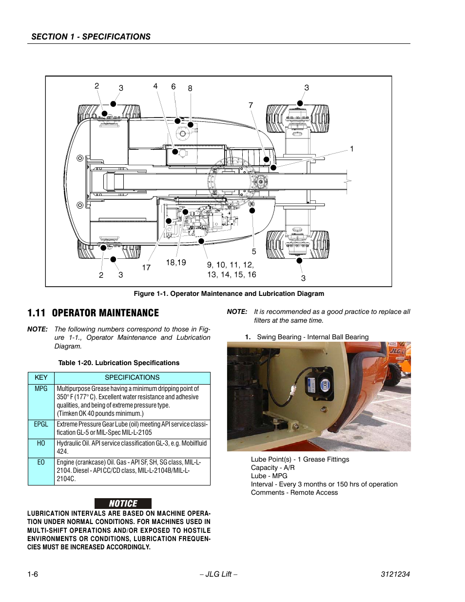 11 operator maintenance, Operator maintenance -6, Operator maintenance and lubrication diagram -6 | Lubrication specifications -6 | JLG 680S Service Manual User Manual | Page 22 / 332