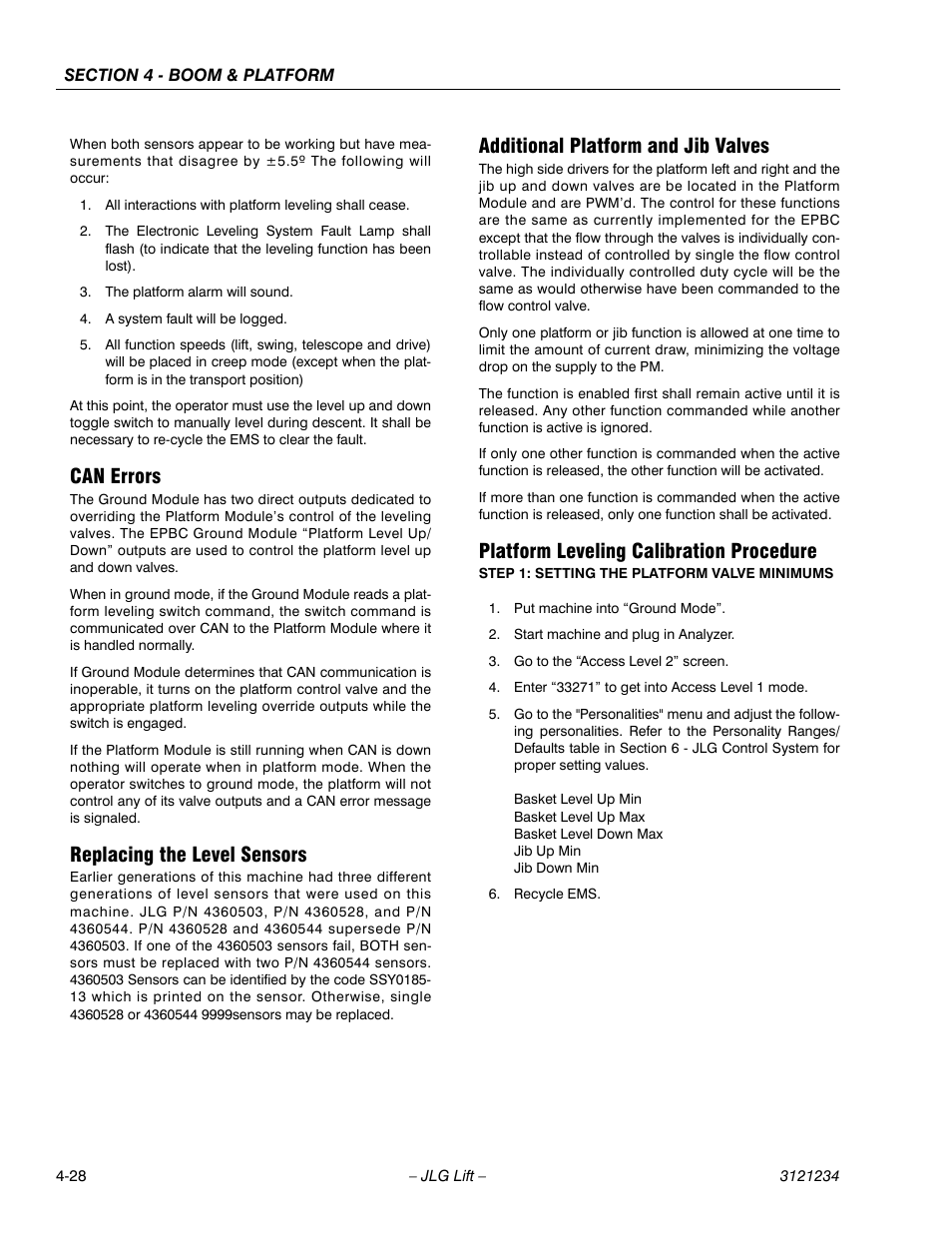 Can errors, Replacing the level sensors, Additional platform and jib valves | Platform leveling calibration procedure | JLG 680S Service Manual User Manual | Page 222 / 332