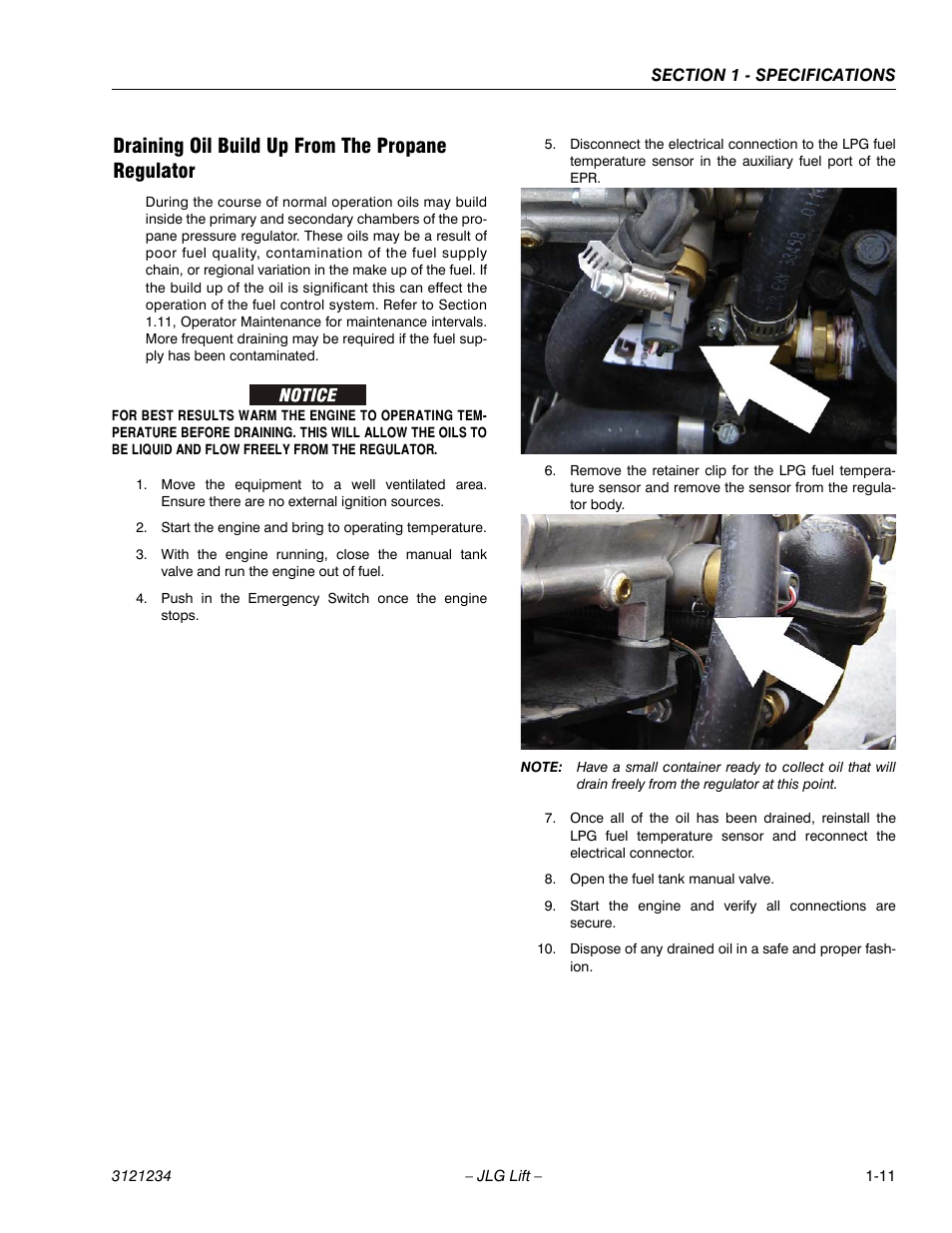 Draining oil build up from the propane regulator | JLG 680S Service Manual User Manual | Page 27 / 332