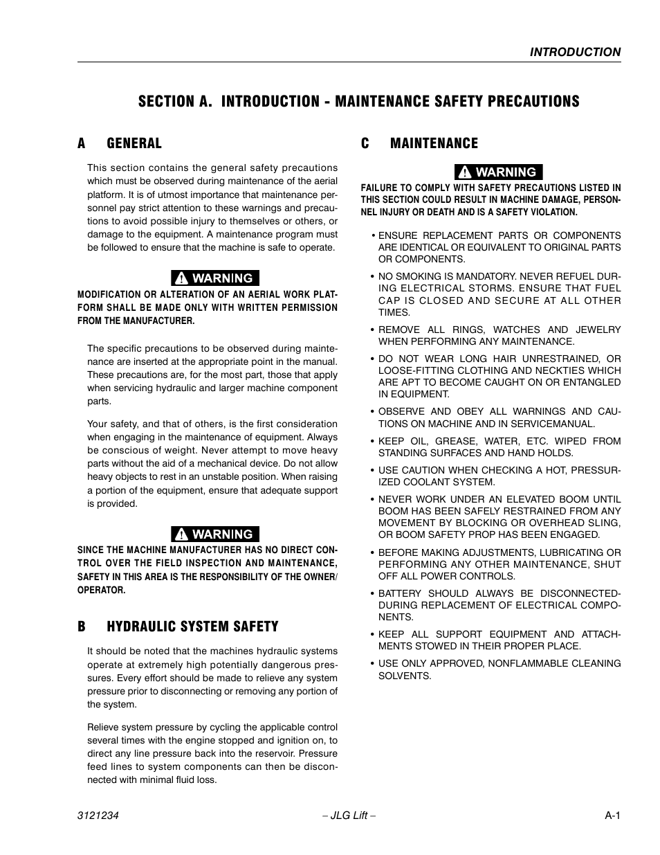 A general, B hydraulic system safety, C maintenance | Ageneral, Bhydraulic system safety, Cmaintenance | JLG 680S Service Manual User Manual | Page 3 / 332