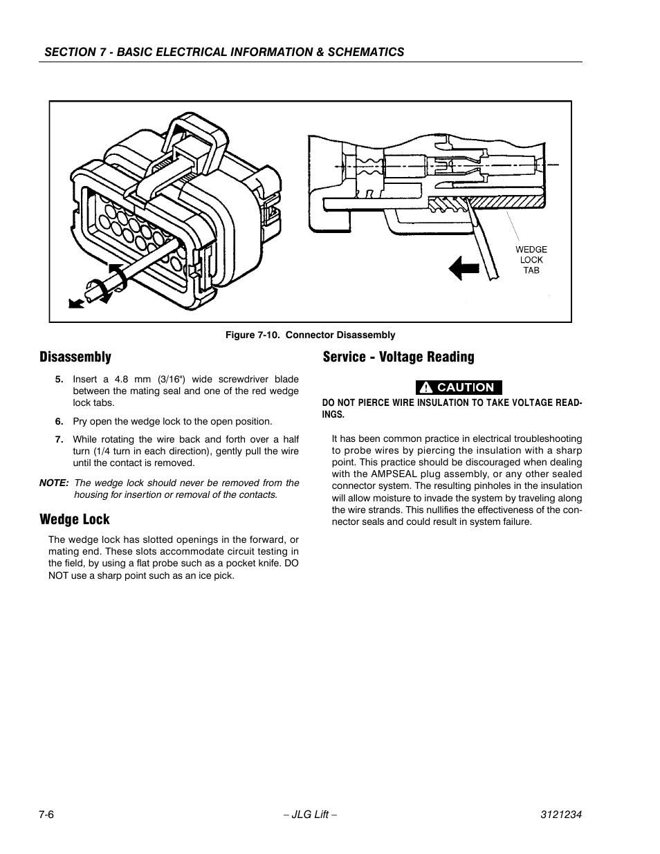 Disassembly, Wedge lock, Service - voltage reading | Connector disassembly -6 | JLG 680S Service Manual User Manual | Page 306 / 332