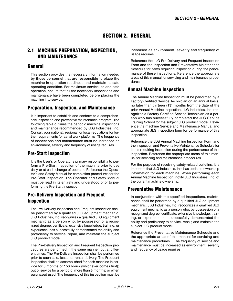 Section 2. general, 1 machine preparation, inspection, and maintenance, General | Preparation, inspection, and maintenance, Pre-start inspection, Pre-delivery inspection and frequent inspection, Annual machine inspection, Preventative maintenance, Section 2 - general | JLG 680S Service Manual User Manual | Page 37 / 332