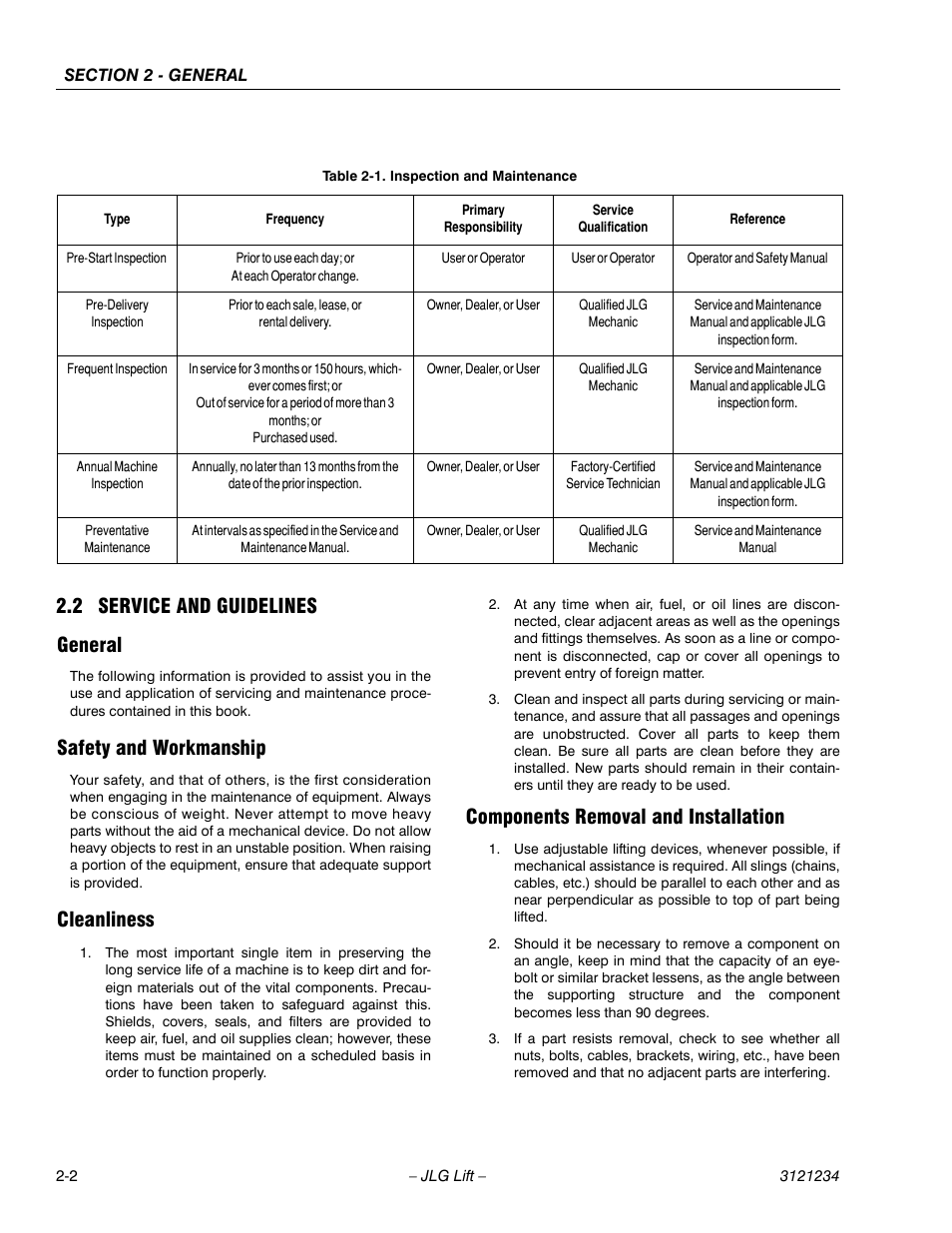 2 service and guidelines, General, Safety and workmanship | Cleanliness, Components removal and installation, Service and guidelines -2, Inspection and maintenance -2, 2 service and guidelines general | JLG 680S Service Manual User Manual | Page 38 / 332