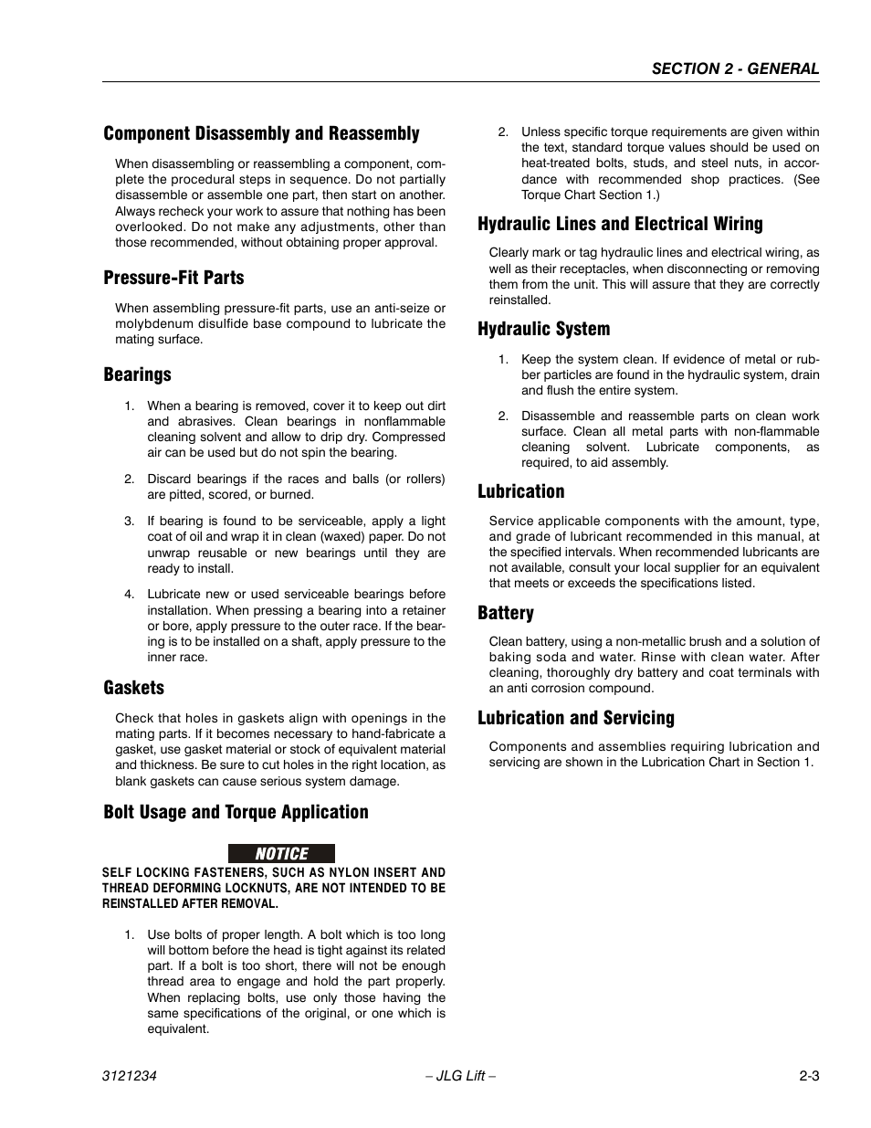 Component disassembly and reassembly, Pressure-fit parts, Bearings | Gaskets, Bolt usage and torque application, Hydraulic lines and electrical wiring, Hydraulic system, Lubrication, Battery, Lubrication and servicing | JLG 680S Service Manual User Manual | Page 39 / 332