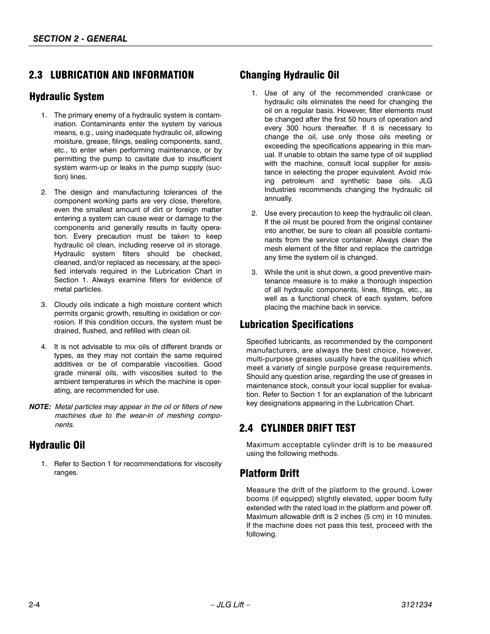 3 lubrication and information, Hydraulic system, Hydraulic oil | Changing hydraulic oil, Lubrication specifications, 4 cylinder drift test, Platform drift, Lubrication and information -4, Cylinder drift test -4, Platform drift -4 | JLG 680S Service Manual User Manual | Page 40 / 332