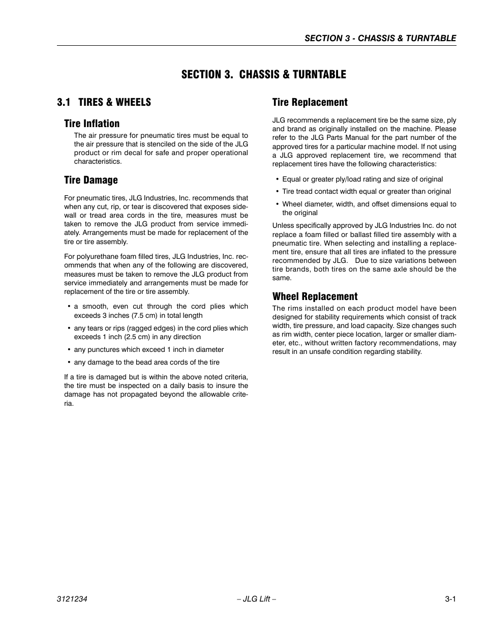 Section 3. chassis & turntable, 1 tires & wheels, Tire inflation | Tire damage, Tire replacement, Wheel replacement, Section 3 - chassis & turntable, Tires & wheels -1, 1 tires & wheels tire inflation | JLG 680S Service Manual User Manual | Page 49 / 332