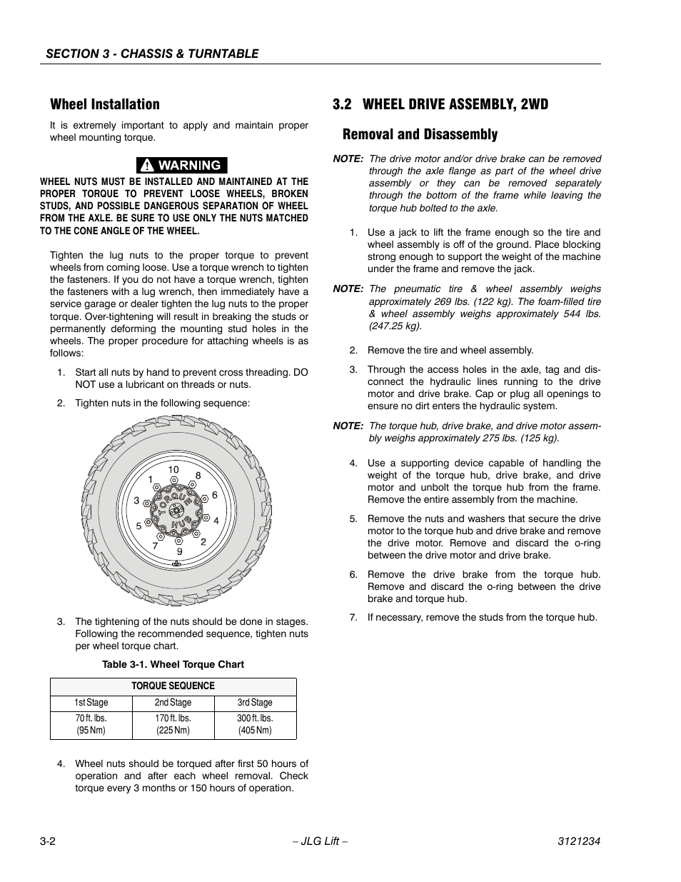 Wheel installation, 2 wheel drive assembly, 2wd, Removal and disassembly | Wheel installation -2, Wheel drive assembly, 2wd -2, Removal and disassembly -2, Wheel torque chart -2 | JLG 680S Service Manual User Manual | Page 50 / 332