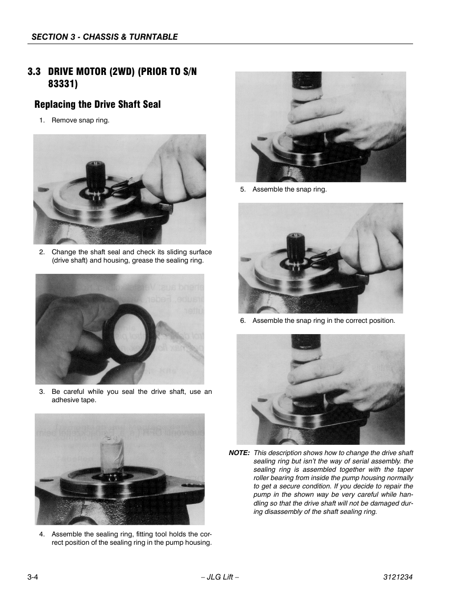 3 drive motor (2wd) (prior to s/n 83331), Replacing the drive shaft seal, Drive motor (2wd) (prior to s/n 83331) -4 | Replacing the drive shaft seal -4 | JLG 680S Service Manual User Manual | Page 52 / 332