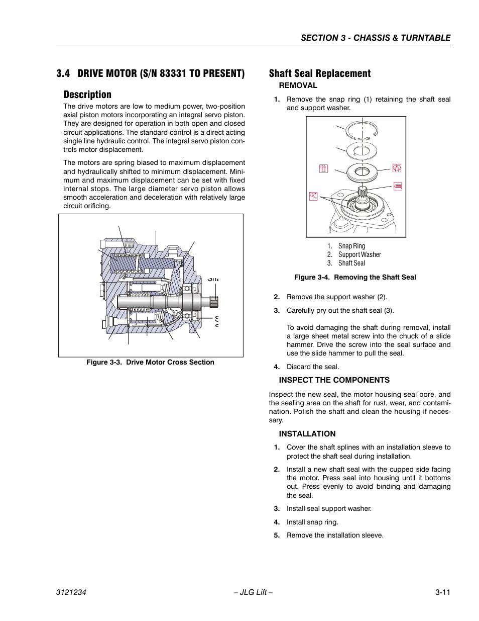 4 drive motor (s/n 83331 to present), Description, Shaft seal replacement | Drive motor (s/n 83331 to present) -11, Description -11 shaft seal replacement -11, Drive motor cross section -11, Removing the shaft seal -11 | JLG 680S Service Manual User Manual | Page 59 / 332