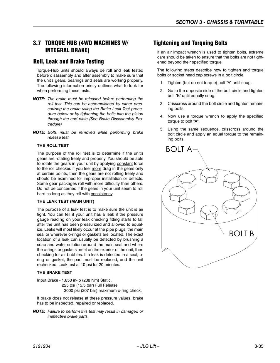 7 torque hub (4wd machines w/ integral brake), Roll, leak and brake testing, Tightening and torquing bolts | Torque hub (4wd machines w/ integral brake) -35 | JLG 680S Service Manual User Manual | Page 83 / 332