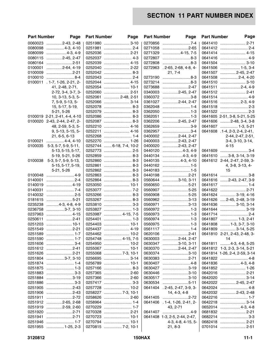 Section 11 part number index, 11 - part number index -1 | JLG 150HAX Parts Manual User Manual | Page 221 / 232