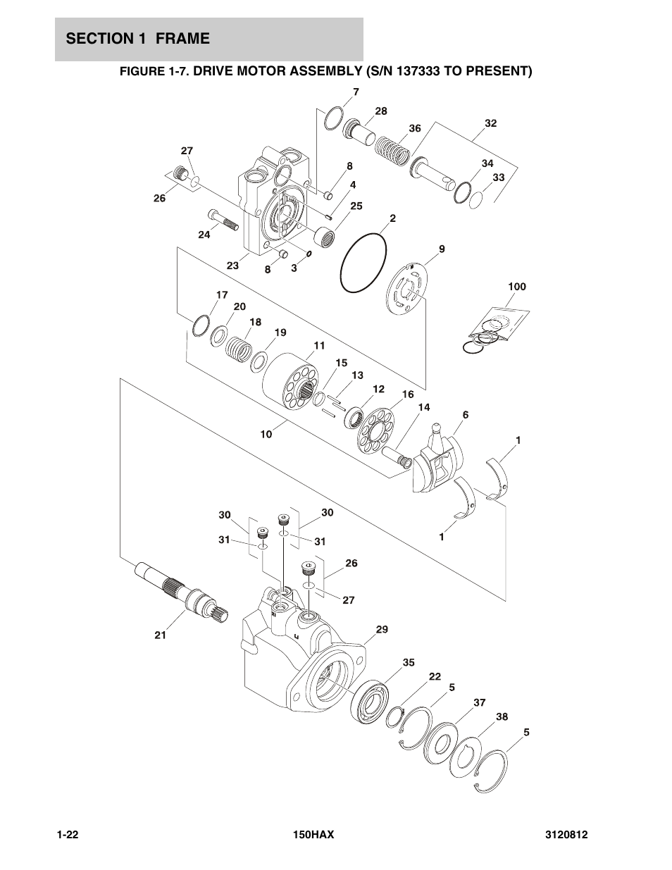 Drive motor assembly (s/n 137333 to present) -22 | JLG 150HAX Parts Manual User Manual | Page 28 / 232