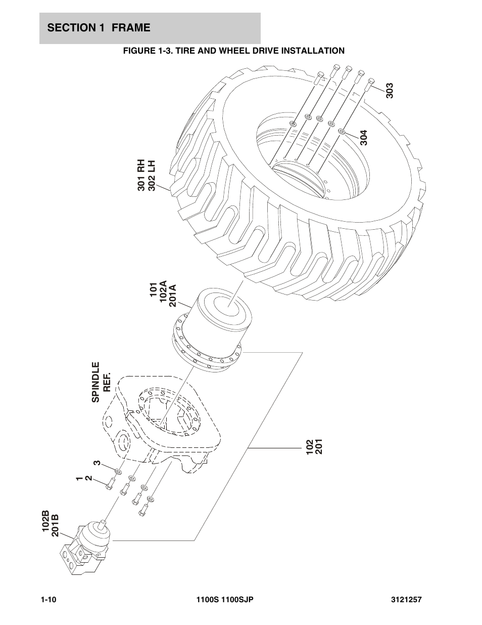 Figure 1-3. tire and wheel drive installation, Tire | JLG 1100S Parts Manual User Manual | Page 16 / 294