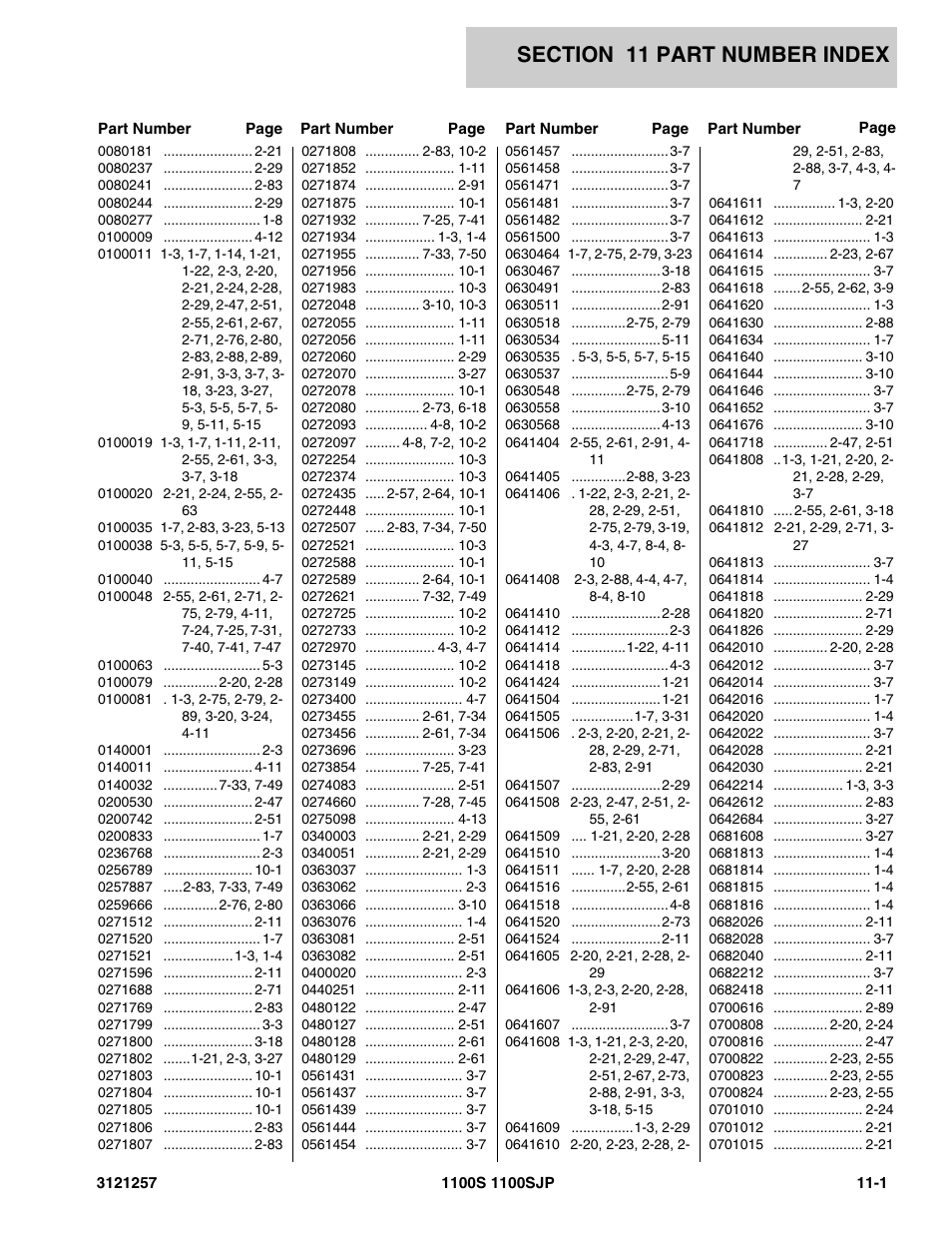 Section 11 part number index, 11 - part number index -1 | JLG 1100S Parts Manual User Manual | Page 281 / 294