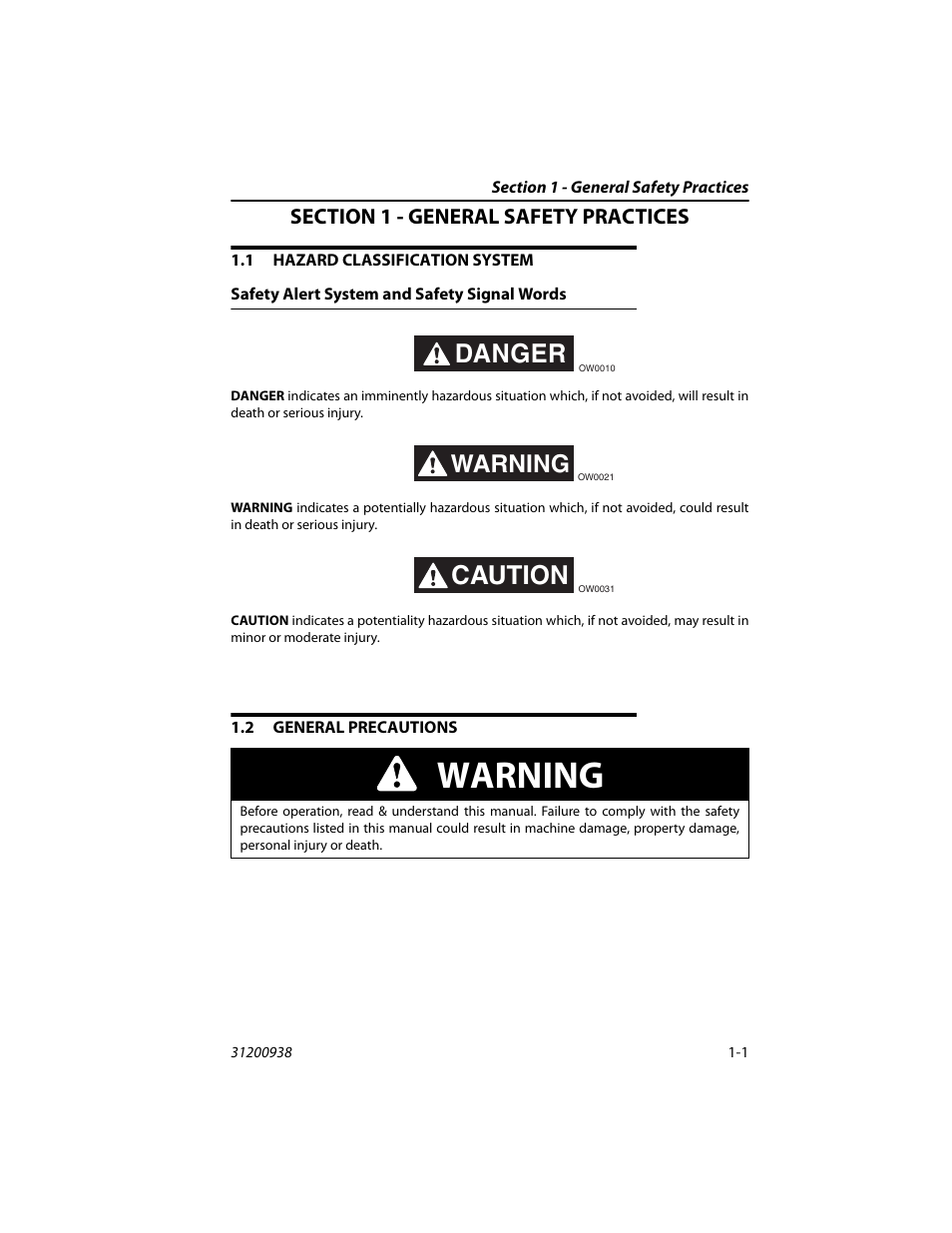 Section 1 - general safety practices, 1 hazard classification system, Safety alert system and safety signal words | 2 general precautions, Hazard classification system -1, Safety alert system and safety signal words -1, General precautions -1, Warning, Danger, Caution | JLG 4017RS Operator Manual User Manual | Page 11 / 156