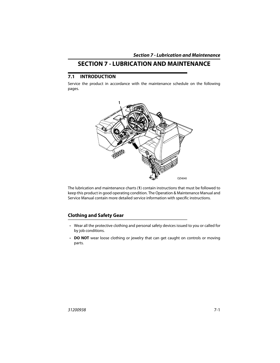 Section 7 - lubrication and maintenance, 1 introduction, Clothing and safety gear | Introduction -1, Clothing and safety gear -1, Section 7 - lubrication and maintenance and | JLG 4017RS Operator Manual User Manual | Page 111 / 156