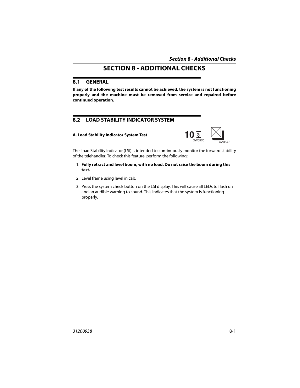 Section 8 - additional checks, 1 general, 2 load stability indicator system | General -1, Load stability indicator system -1 | JLG 4017RS Operator Manual User Manual | Page 135 / 156