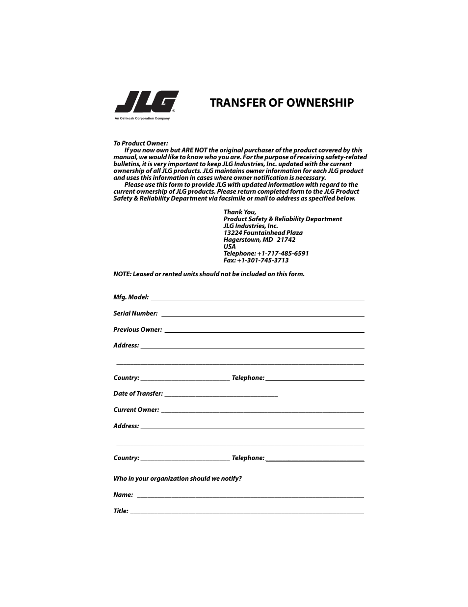 Transfer of ownership | JLG 4017RS Operator Manual User Manual | Page 153 / 156