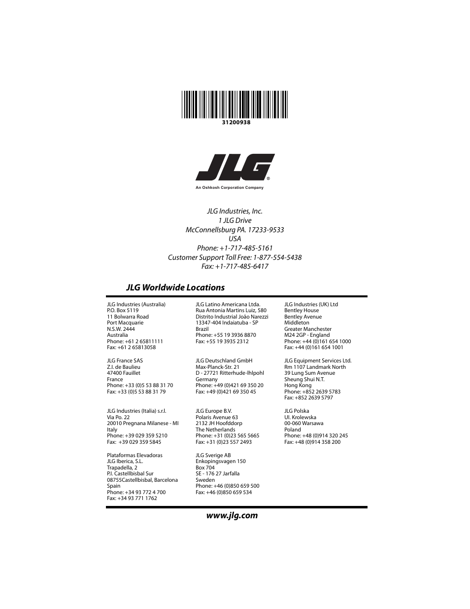 Jlg worldwide locations | JLG 4017RS Operator Manual User Manual | Page 156 / 156