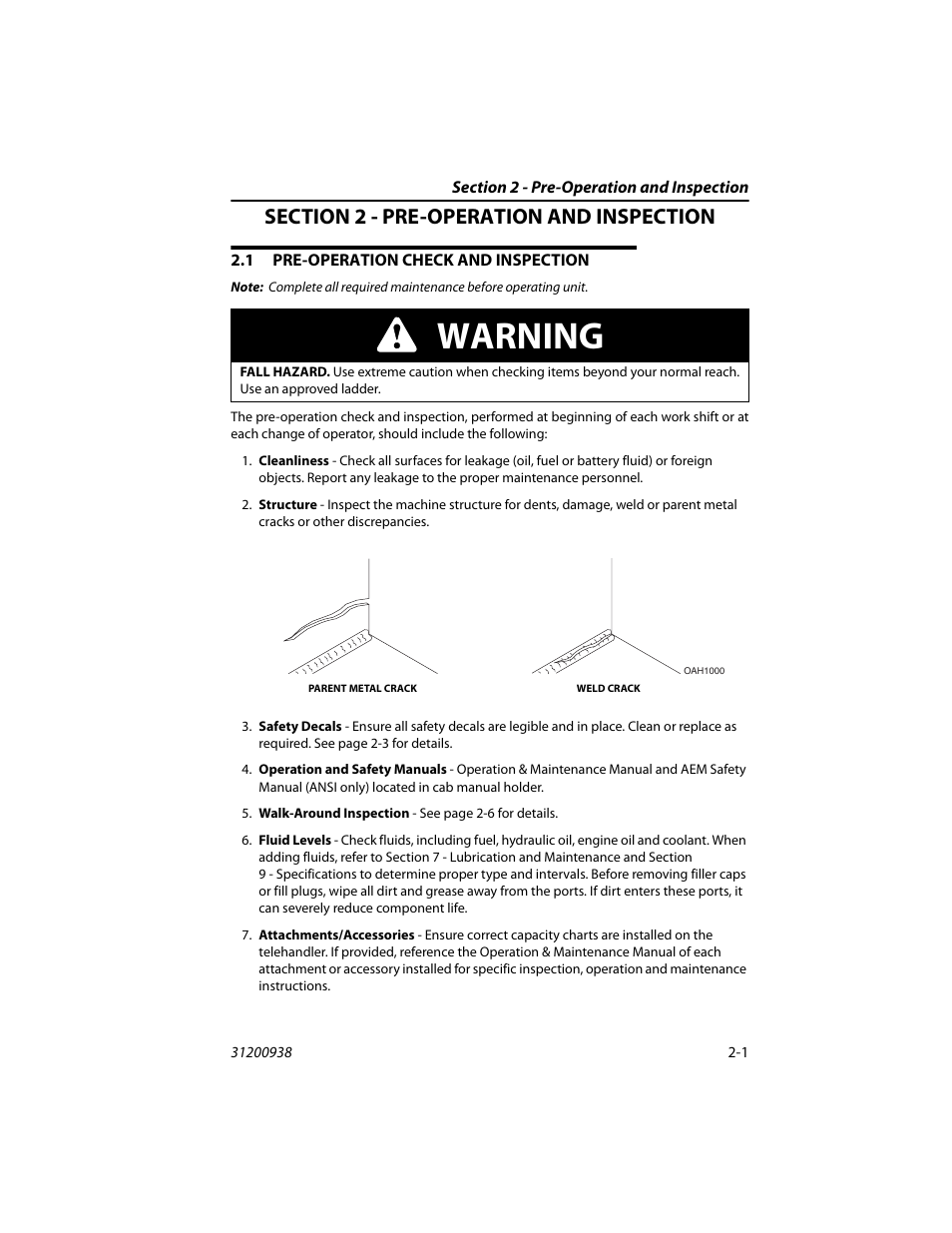 Section 2 - pre-operation and inspection, 1 pre-operation check and inspection, Pre-operation check and inspection -1 | Warning | JLG 4017RS Operator Manual User Manual | Page 25 / 156