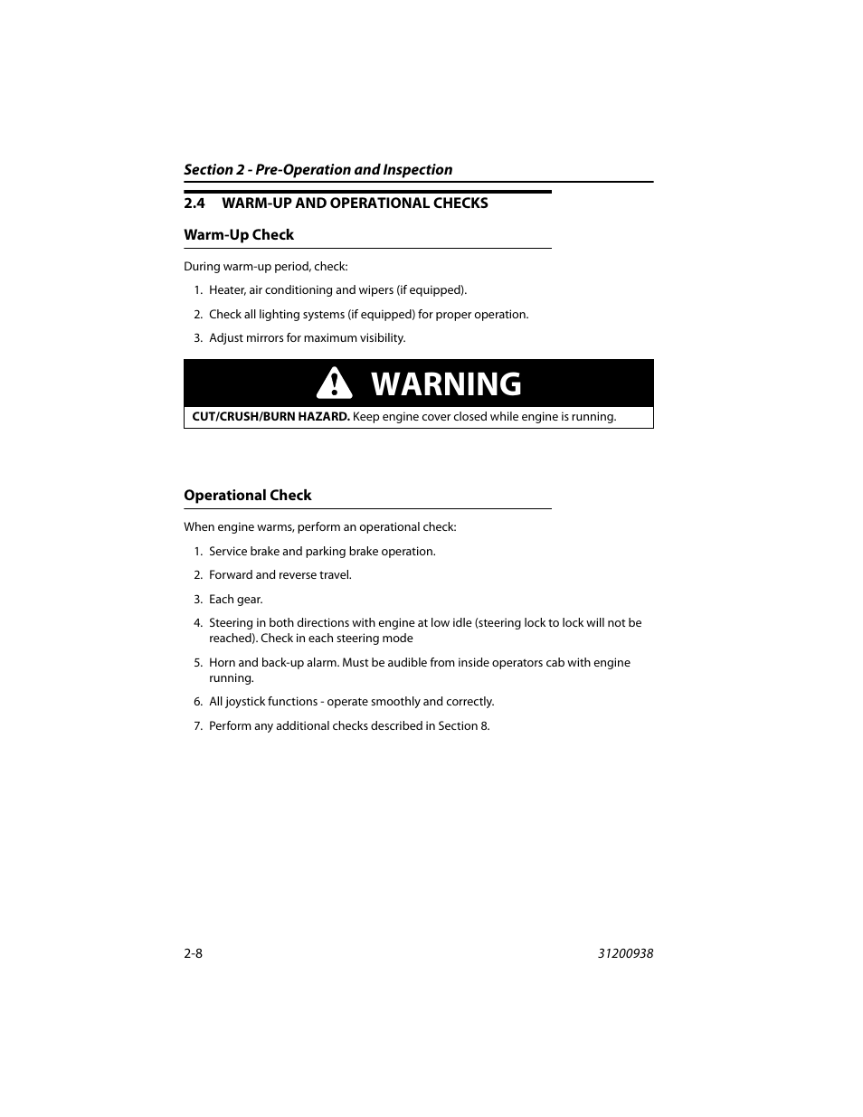 4 warm-up and operational checks, Warm-up check, Operational check | Warm-up and operational checks -8, Warm-up check -8 operational check -8, Warning | JLG 4017RS Operator Manual User Manual | Page 32 / 156