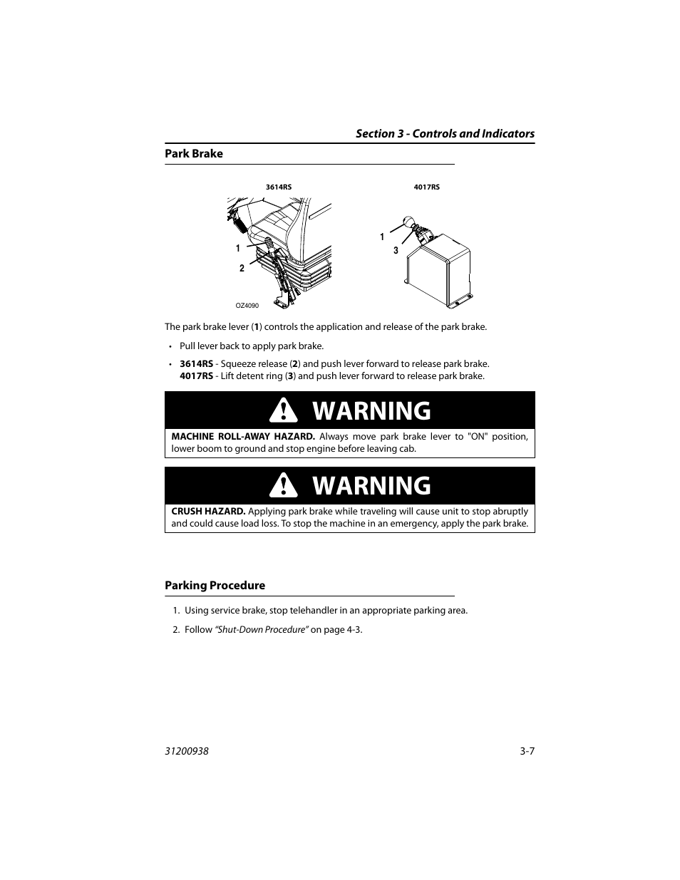 Park brake, Parking procedure, Park brake -7 parking procedure -7 | Warning | JLG 4017RS Operator Manual User Manual | Page 43 / 156