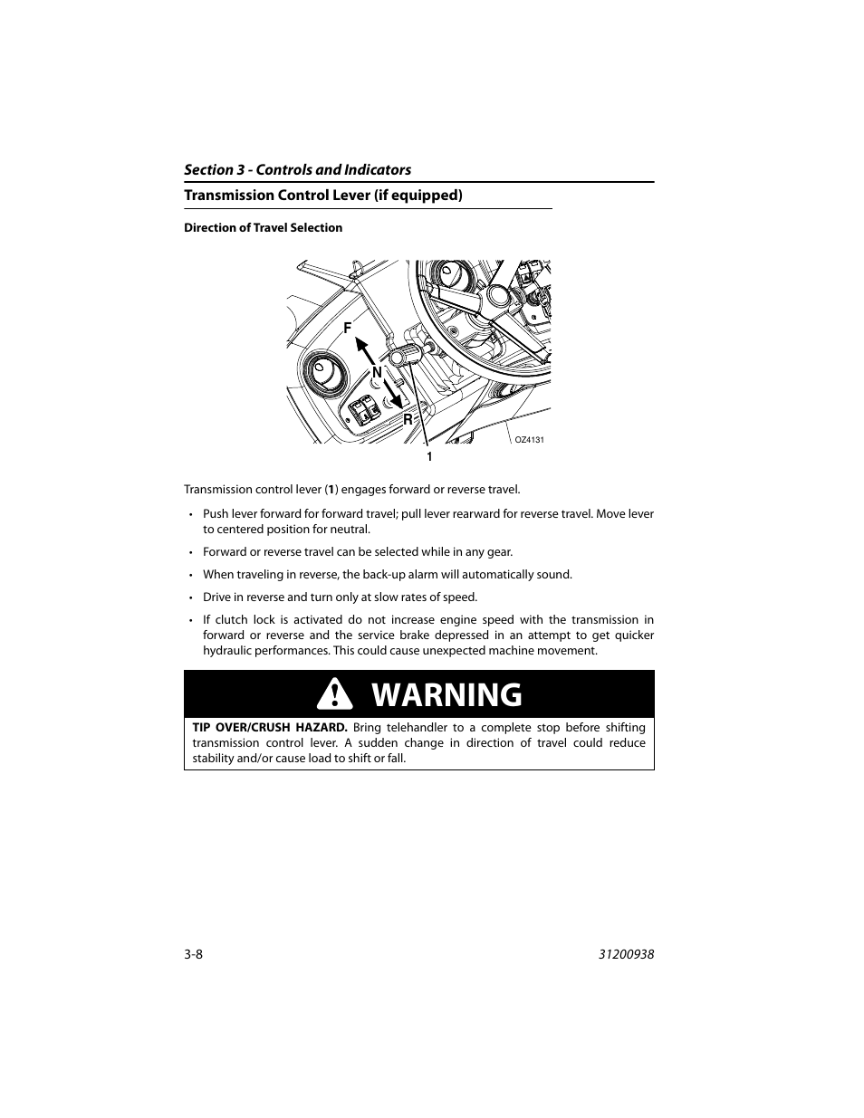 Transmission control lever (if equipped), Transmission control lever (if equipped) -8, Warning | JLG 4017RS Operator Manual User Manual | Page 44 / 156