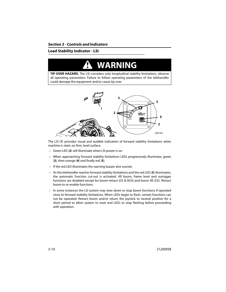 Load stability indicator - lsi, Load stability indicator - lsi -10, Warning | JLG 4017RS Operator Manual User Manual | Page 46 / 156