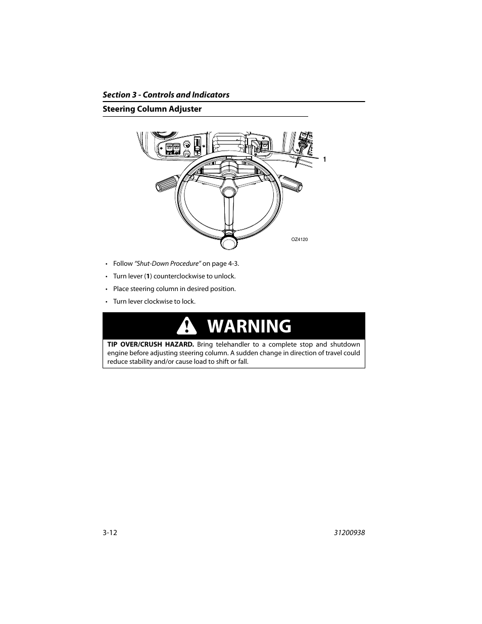 Steering column adjuster, Steering column adjuster -12, Warning | JLG 4017RS Operator Manual User Manual | Page 48 / 156