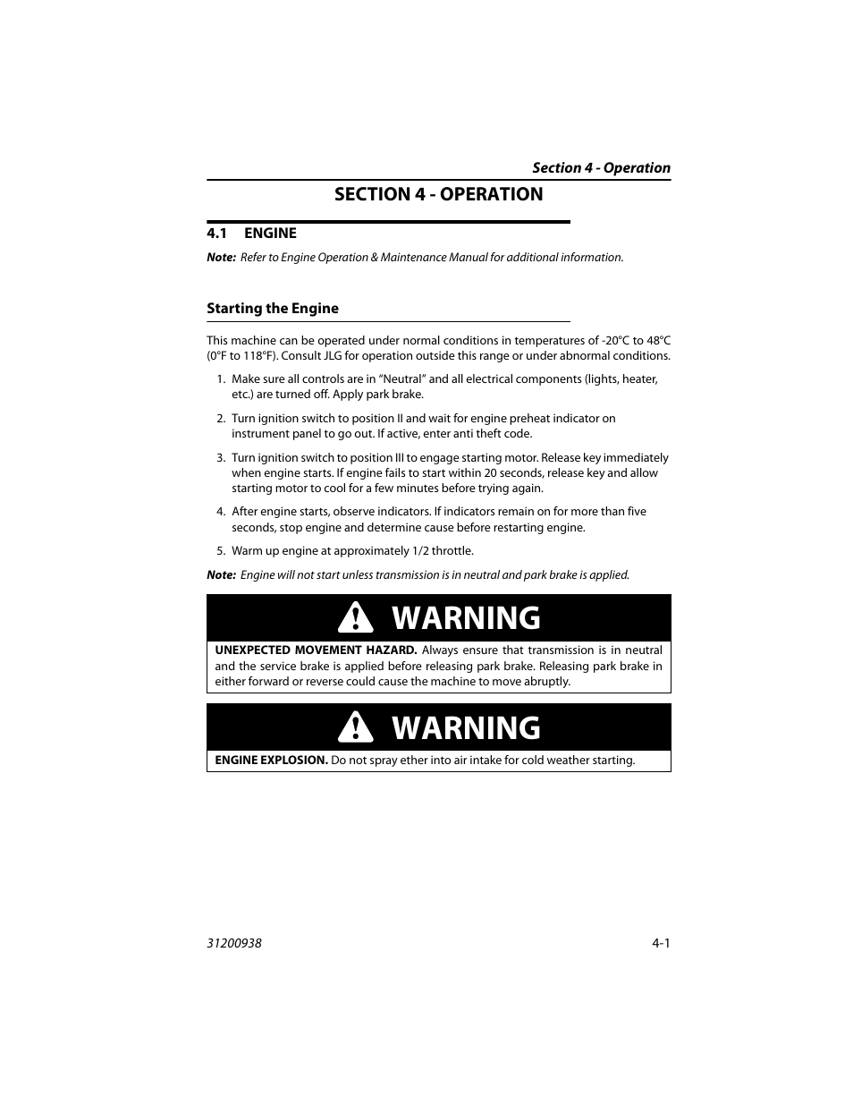 Section 4 - operation, 1 engine, Starting the engine | Engine -1, Starting the engine -1, Warning | JLG 4017RS Operator Manual User Manual | Page 65 / 156