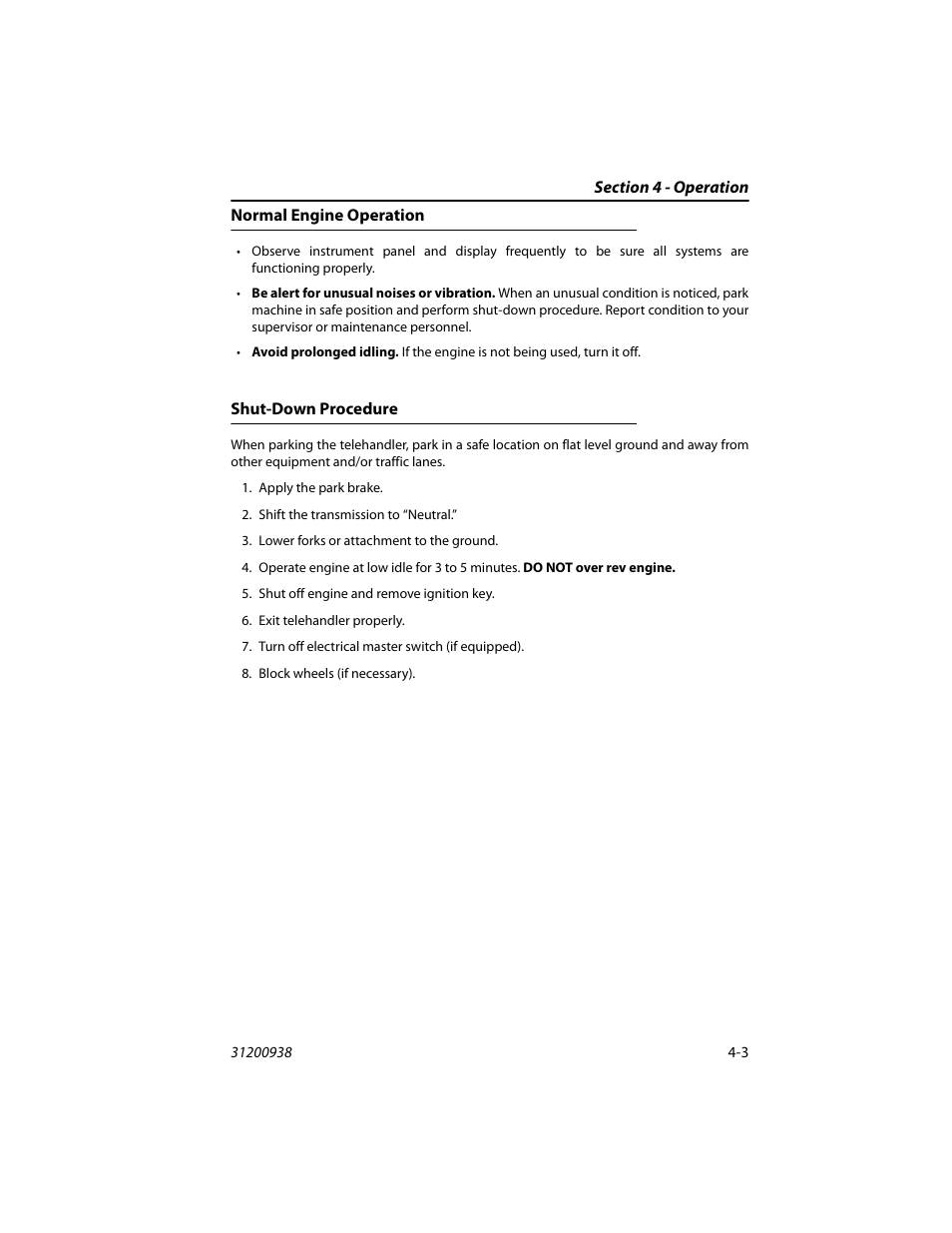 Normal engine operation, Shut-down procedure, Normal engine operation -3 shut-down procedure -3 | JLG 4017RS Operator Manual User Manual | Page 67 / 156