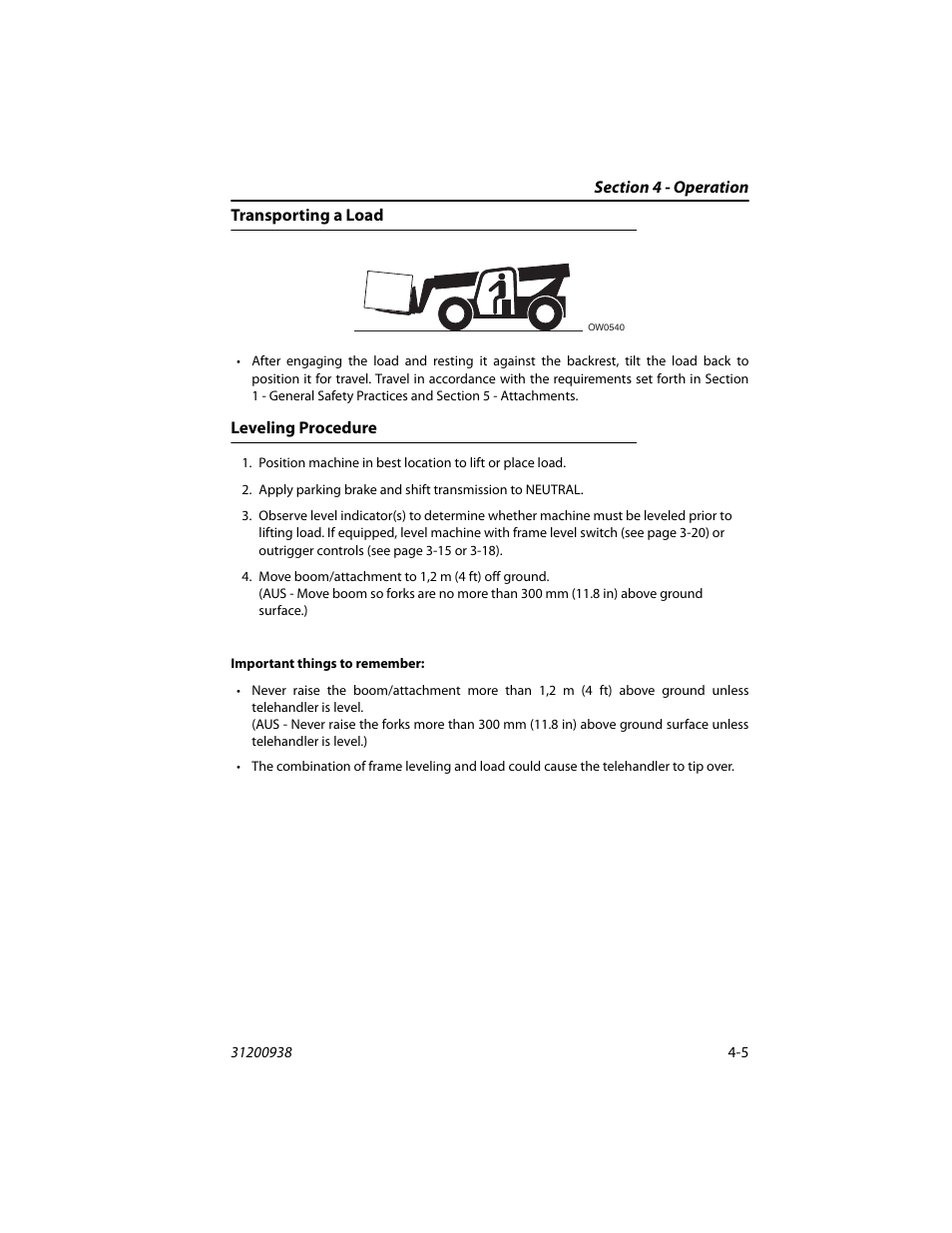 Transporting a load, Leveling procedure, Transporting a load -5 leveling procedure -5 | JLG 4017RS Operator Manual User Manual | Page 69 / 156