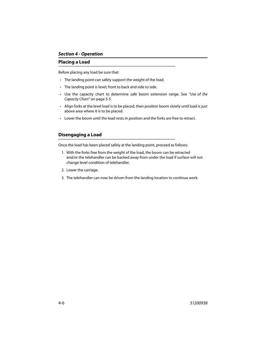 Placing a load, Disengaging a load, Placing a load -6 disengaging a load -6 | JLG 4017RS Operator Manual User Manual | Page 70 / 156