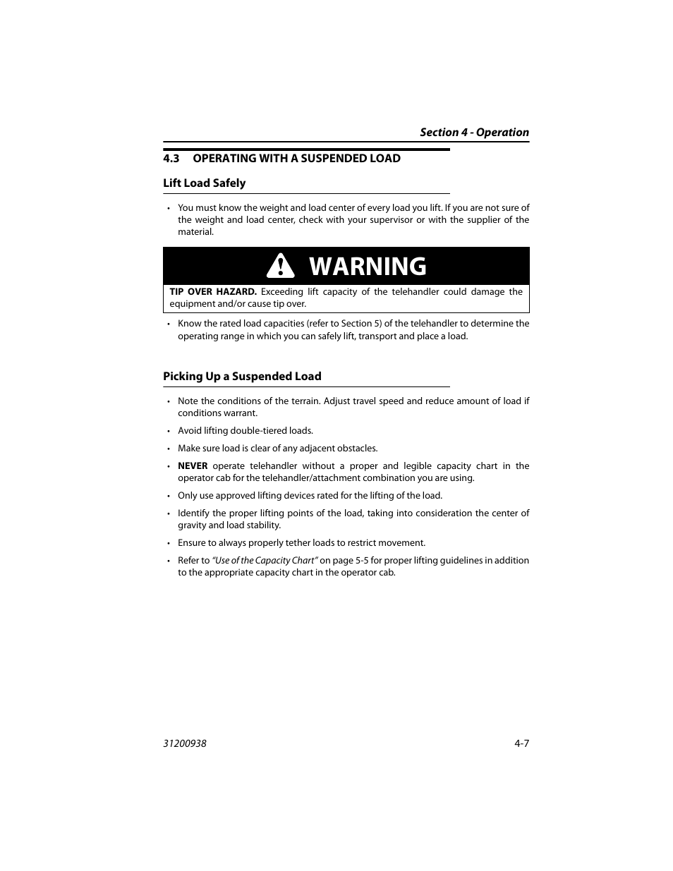 3 operating with a suspended load, Lift load safely, Picking up a suspended load | Operating with a suspended load -7, Lift load safely -7 picking up a suspended load -7, Warning | JLG 4017RS Operator Manual User Manual | Page 71 / 156
