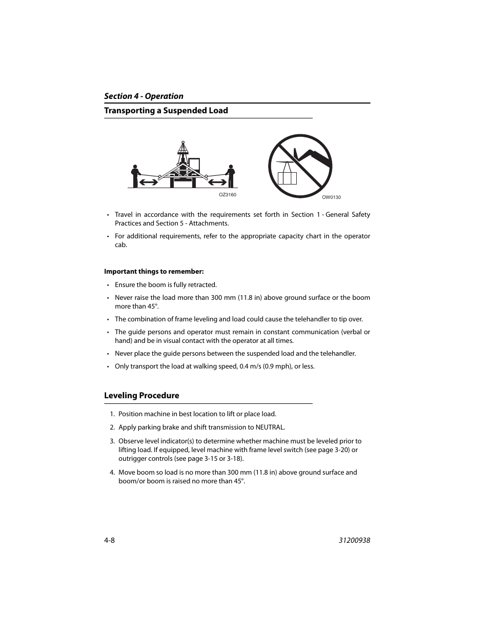 Transporting a suspended load, Leveling procedure | JLG 4017RS Operator Manual User Manual | Page 72 / 156