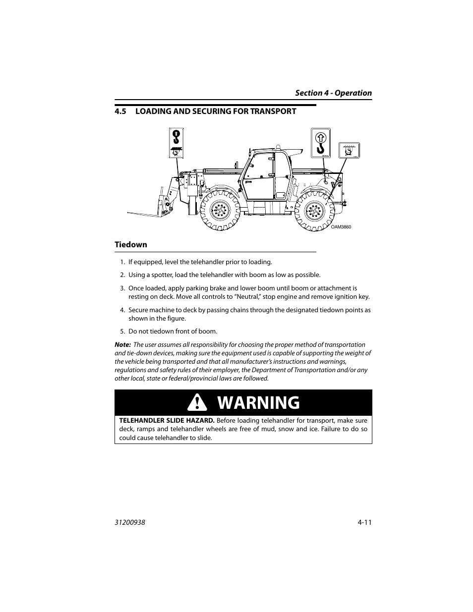 5 loading and securing for transport, Tiedown, Loading and securing for transport -11 | Tiedown -11, Warning | JLG 4017RS Operator Manual User Manual | Page 75 / 156